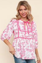 Haptics Hot Pink/White Notched Neck With Bow Ribbon Tie Woven Top