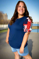 Haptics Holiday Stand-Out Navy Patriotic Patchwork Puff Sleeve Top Haptics