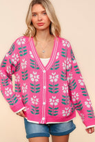 Haptics Fuchsia Flower Print Button Down Knit Cardigan Shirts & Tops