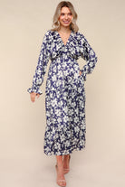 Haptics Navy Satin Floral Tiered Babydoll Maxi Dress
