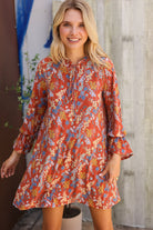Beeson River Cinnamin Floral Ruffle Sleeve Ribbon Tie Swing Dress
