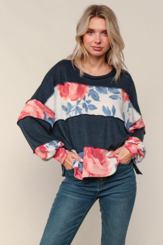 Haptics Floral Colorblock & Out-seam Overlock Stitching Long Sleeve Top