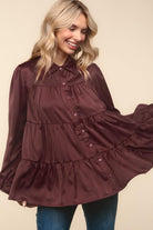 Haptics Burgundy Button Down Tiered Babydoll Satin Blouse Haptics