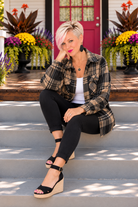 Haptics Cozy Plaid Sherpa Lined Shacket in Khaki Black
