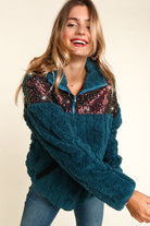 Haptics Teal Sequin & High Neck Sherpa Half Zip Pullover Sweater Sweater