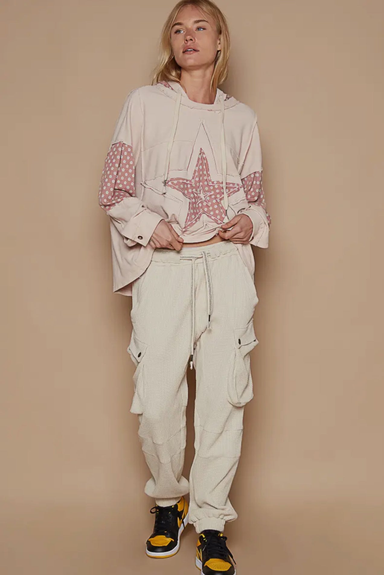 POL Dusty Rose Star Patchwork Raw Edge French Terry Hoodie Trendsi