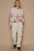 POL Dusty Rose Star Patchwork Raw Edge French Terry Hoodie Trendsi