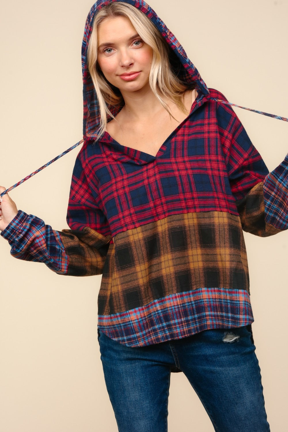 Haptics Red & Mustard Plaid Notched Neck Flannel Hoodie Haptics