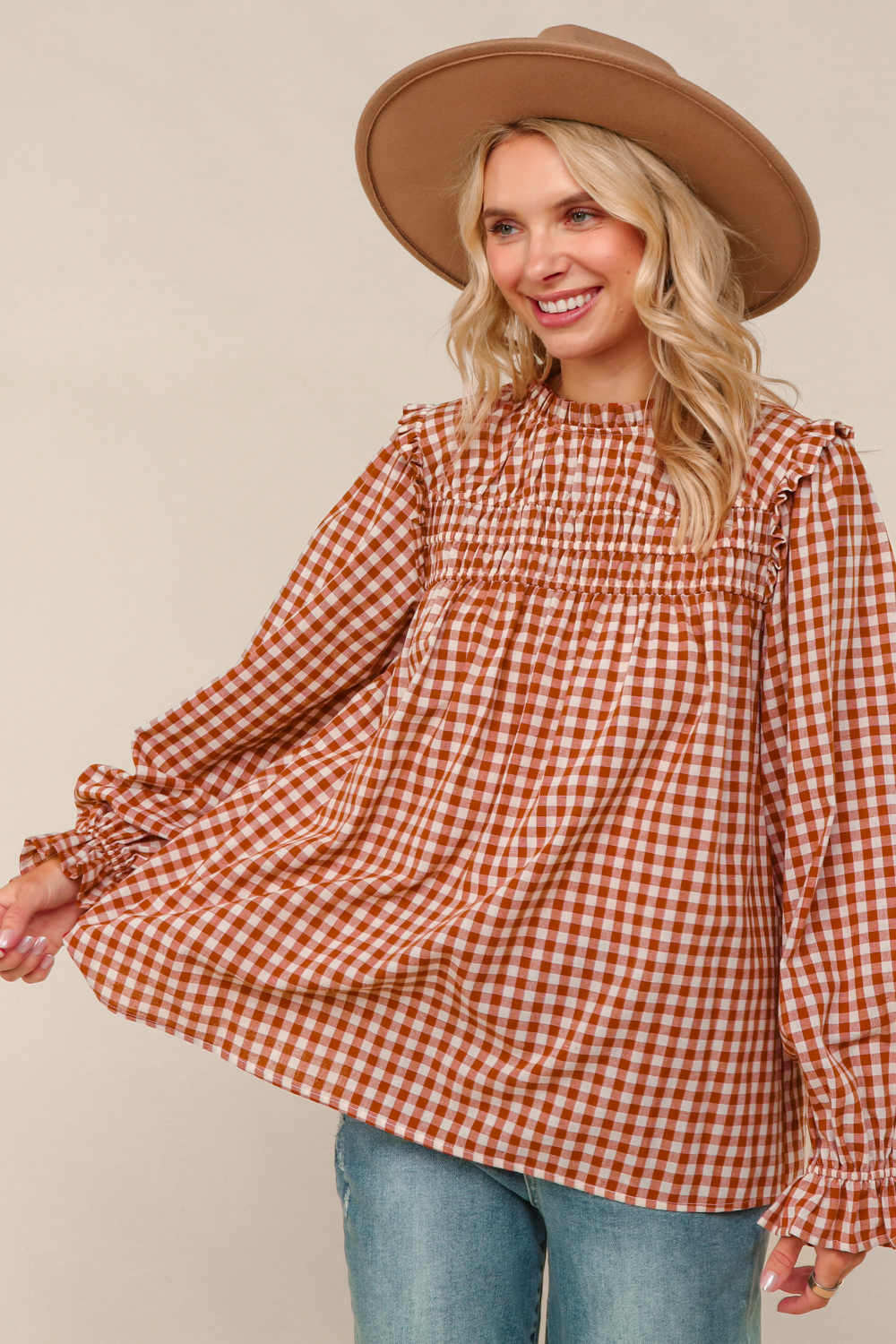 Haptics Rust Gingham Shirred Yoke Frilled Mock Neck Long Sleeve Blouse