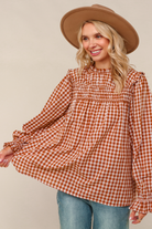 Haptics Rust Gingham Shirred Yoke Frilled Mock Neck Long Sleeve Blouse