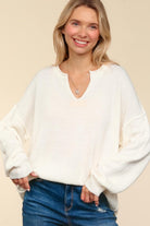 Haptics Ivory Notched Neck With Patch Oversized Sweater Shirts & Tops