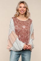 Haptics Mocha/Oatmeal Oversized Striped and in Floral Long Sleeve Dolman Top