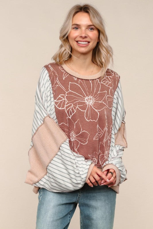 Haptics Mocha/Oatmeal Oversized Striped and in Floral Long Sleeve Dolman Top