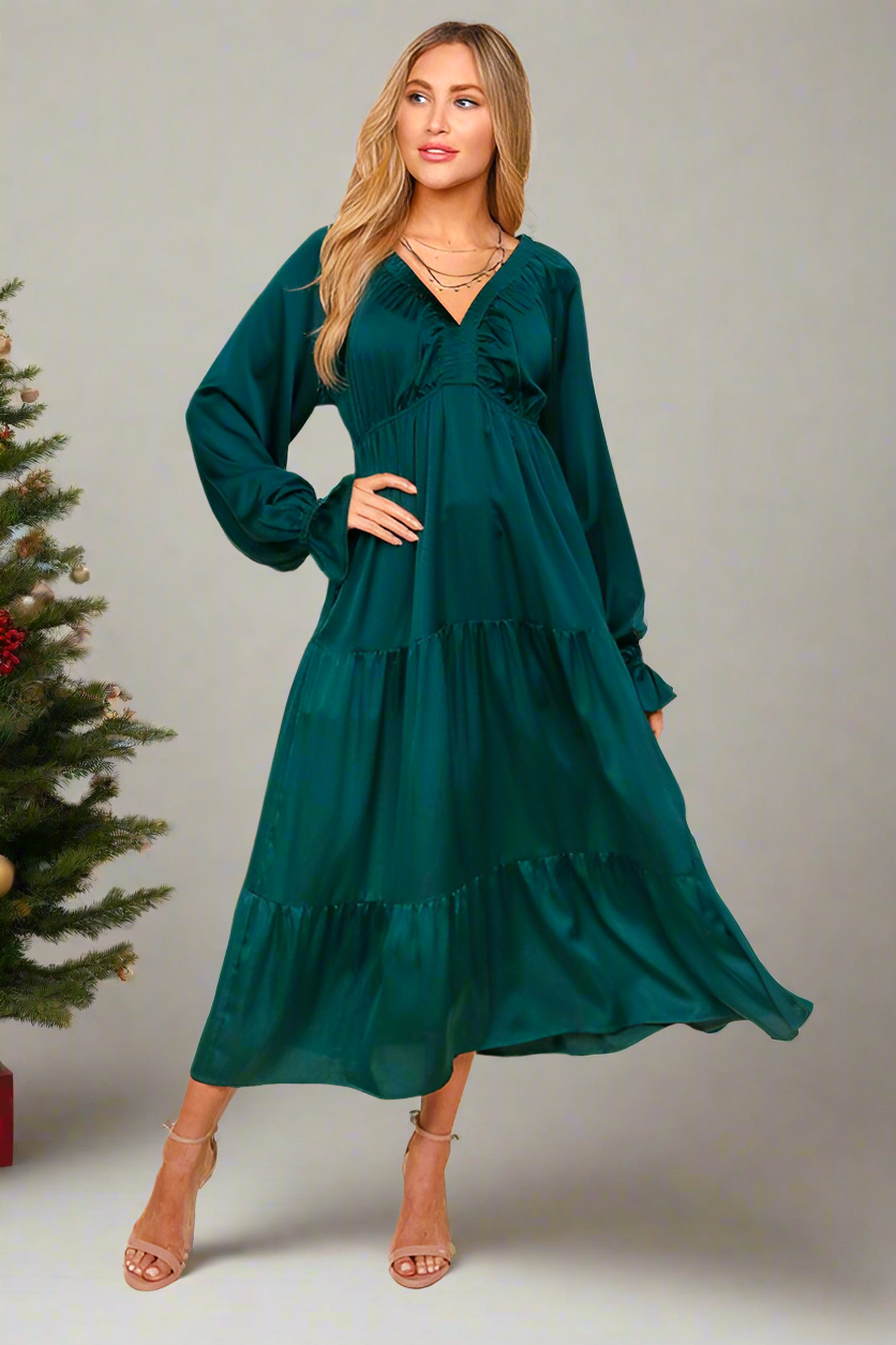 Haptics Elegant Hunter Green Elastic V Neck Tiered Satin Maxi Dress Haptics