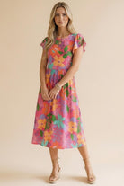 Haptics Tropical Blooms Flutter Sleeve Midi Dress