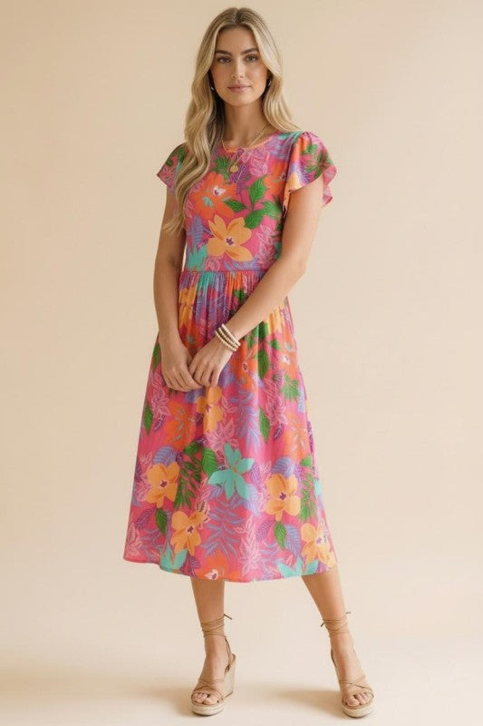 Haptics Tropical Blooms Flutter Sleeve Midi Dress