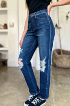 Judy Blue Dark Washed High Waist Rigid Magic Heavy Destroyef Straight Jeans Trendsi