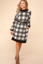 Haptics Black Buffalo Plaid Turtle Cowl Neck Belted Sweater Dress Final Sale Haptics