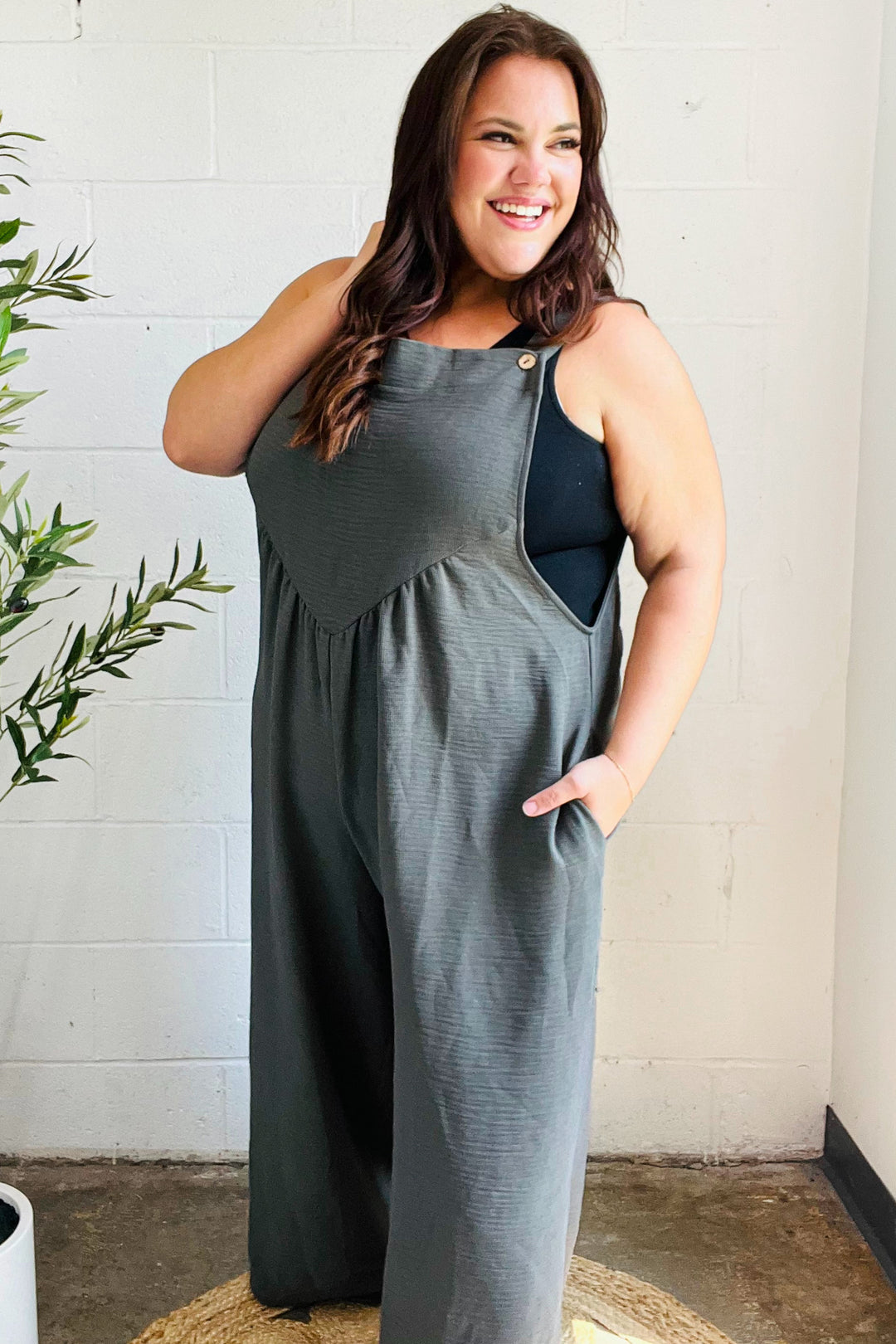 Haptics Everyday Grey Olive Wide Leg Suspender Overall Jumpsuit Haptics