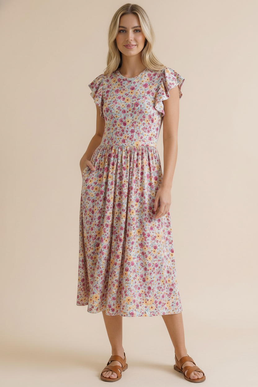 Haptics Flutter Into Spring Floral Buttery Smooth Babydoll Midi Dress