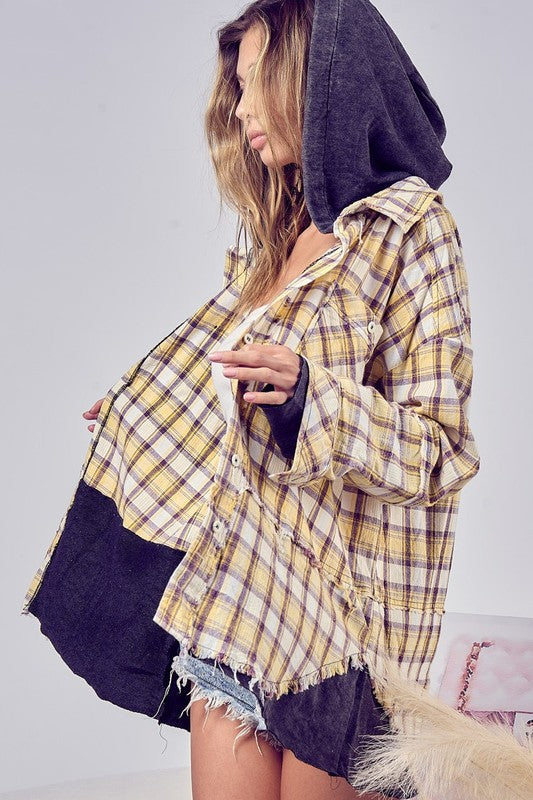 BiBi Casual Living Taupe & Yellow Plaid Two Fer Shacket Hoodie Coats & Jackets