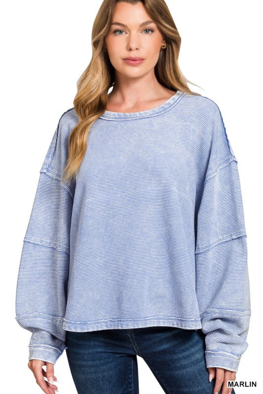 Zenana Dark Green Acid Washed Double Ribbed Exposed-Seam Sweatshirt