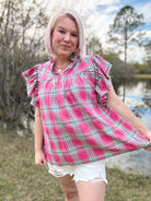 Haptics Fuchsia Plaid Shirred Yoke Flutter Sleeve Top Haptics