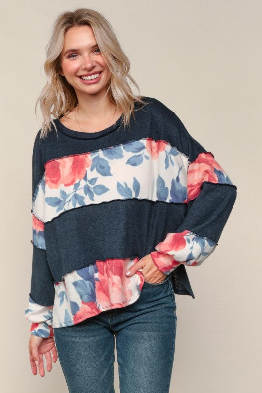 Haptics Floral Colorblock & Out-seam Overlock Stitching Long Sleeve Top