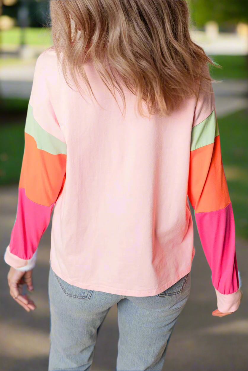 Preorder Pink Sequin Nutcracker Round Neck Color Block Long Sleeve Top Trendsi