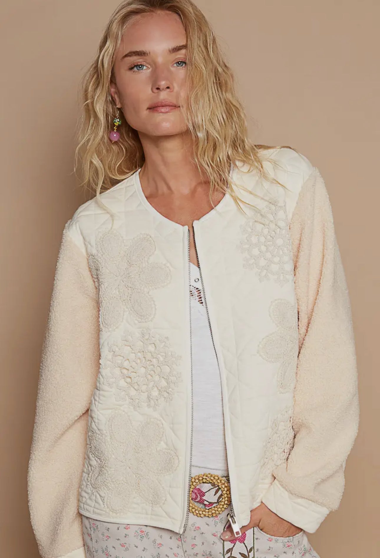 POL Cream Lace Detail Fur Sleeve Zip Up Quilted Jacket Cream Trendsi