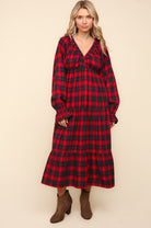 Haptics Holiday Red Plaid Elastic V Neck Tiered Maxi Dress Haptics