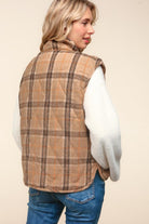 Haptics Layer Up Taupe Plaid Snap Button Quilted Puffer Vest Haptics