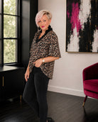 Haptics Sassy Season Split Neck Leopard Print Blouse Womens