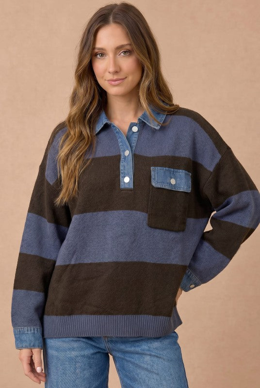 Haptics Blueberry Fields Striped Denim Collar Sweater in Brown & Slate Blue