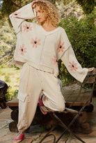 POL Ivory V-Neck Floral Pattern Chenille Sweater Trendsi