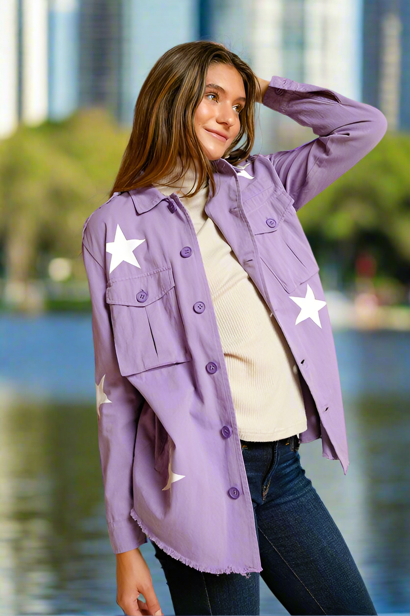 Davi & Dani Lavender Star Printed Military Jacket Lavender Davi & Dani