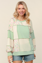 Haptics Mint Round Neck Bubble Long Sleeve Rib Cable Knit Floral Print French Terry Color Block Patchwork Pullover Knit Top