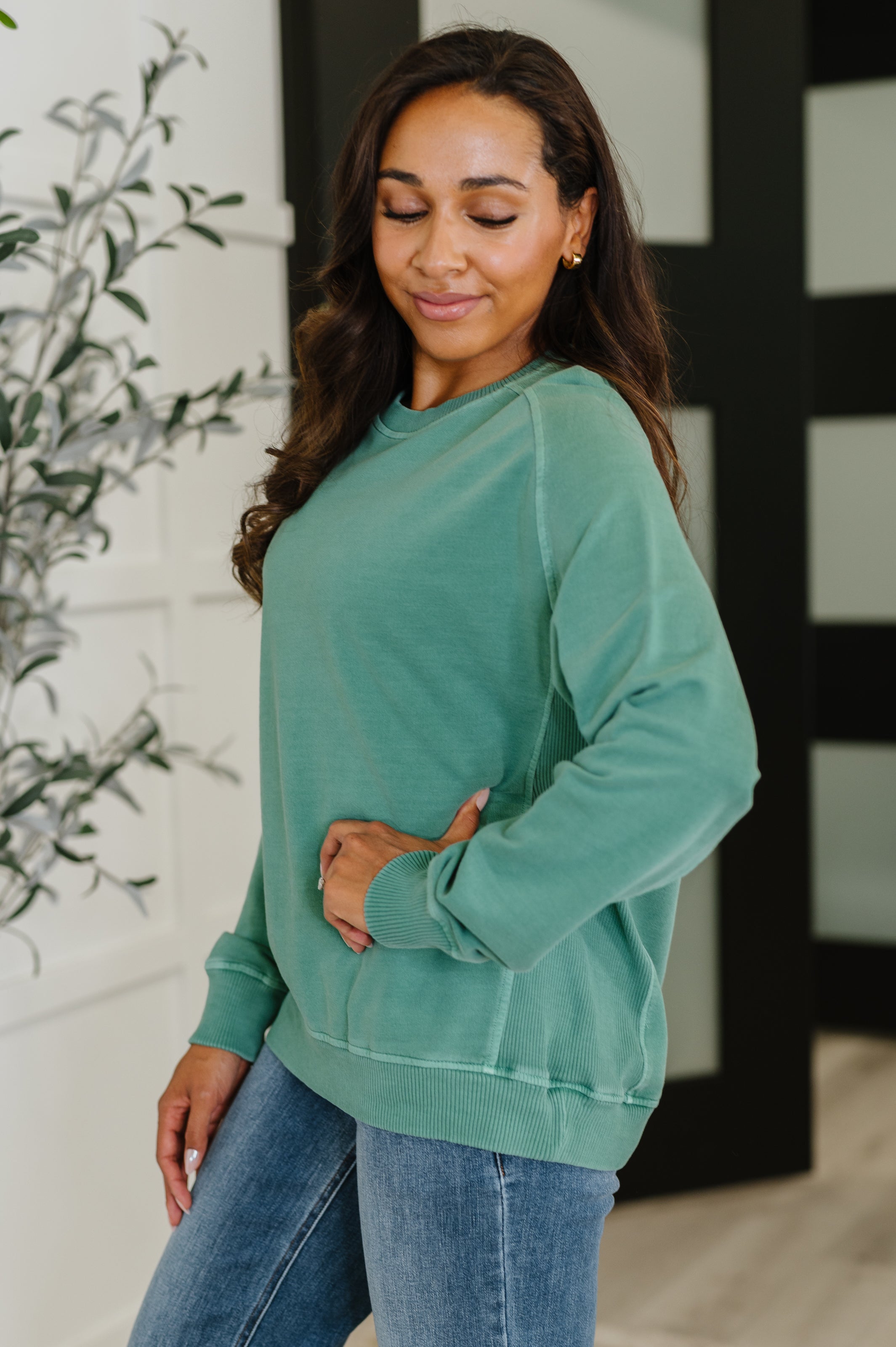 Zenana Daily Ease Mineral Wash Pullover in Dark Green Womens