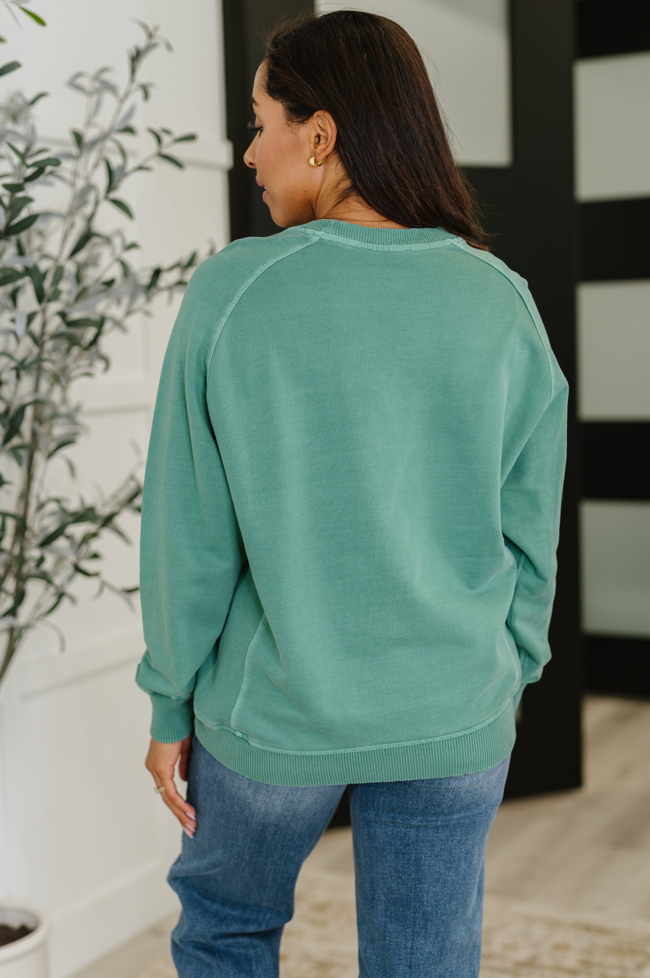 Zenana Daily Ease Mineral Wash Pullover in Dark Green Womens