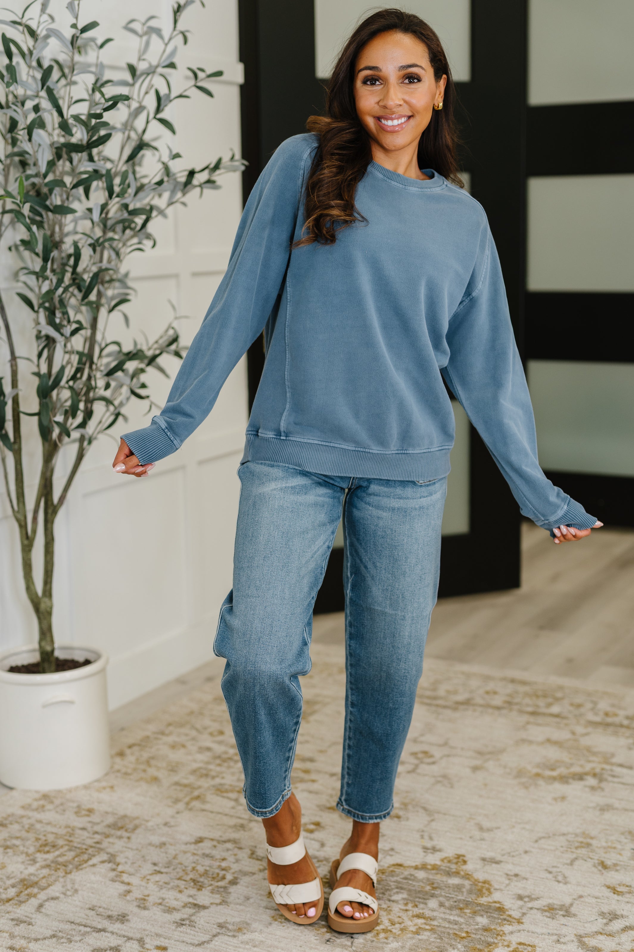 Zenana Daily Ease Mineral Wash Pullover in Dusty Blue Womens