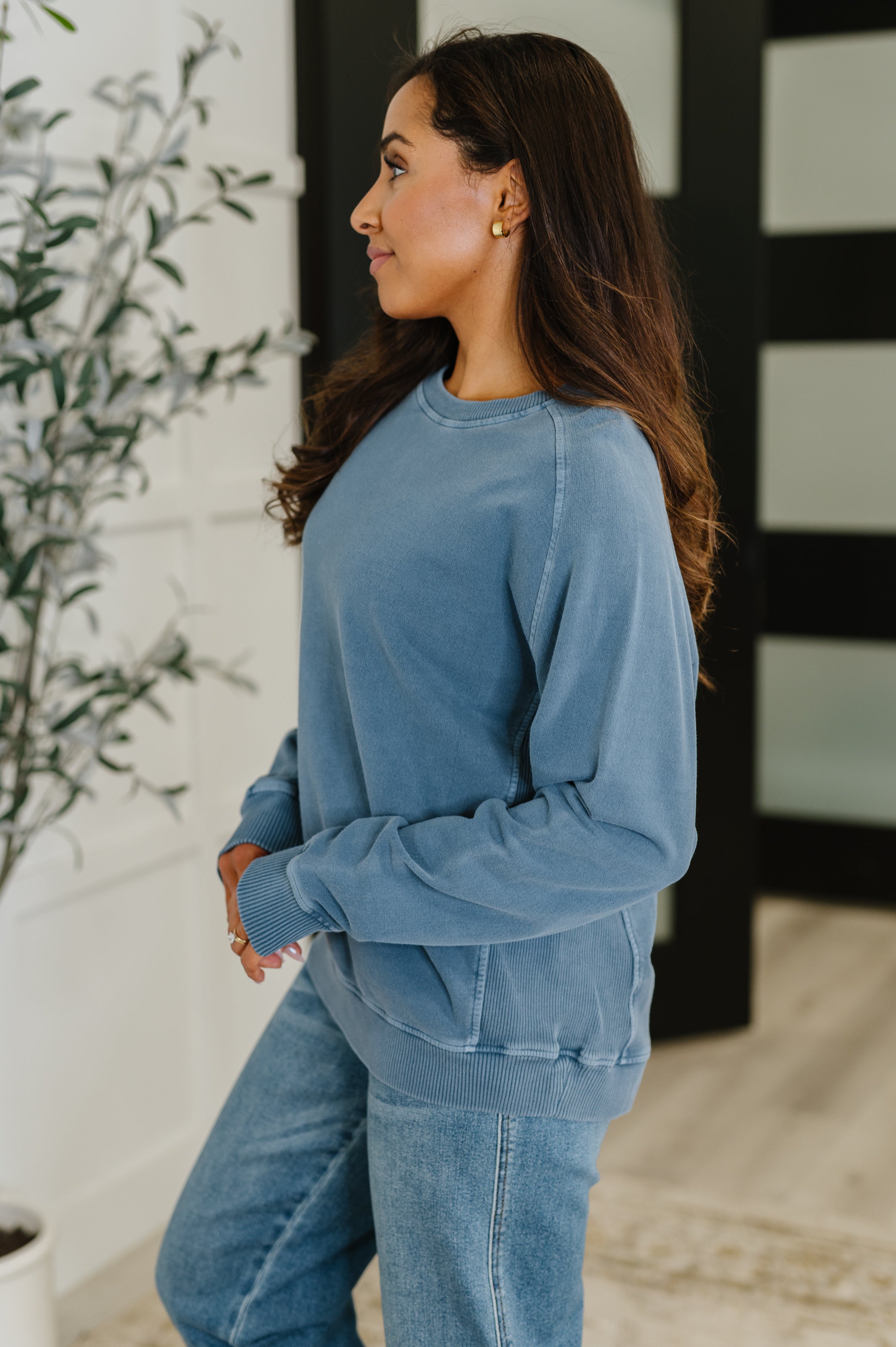 Zenana Daily Ease Mineral Wash Pullover in Dusty Blue Womens