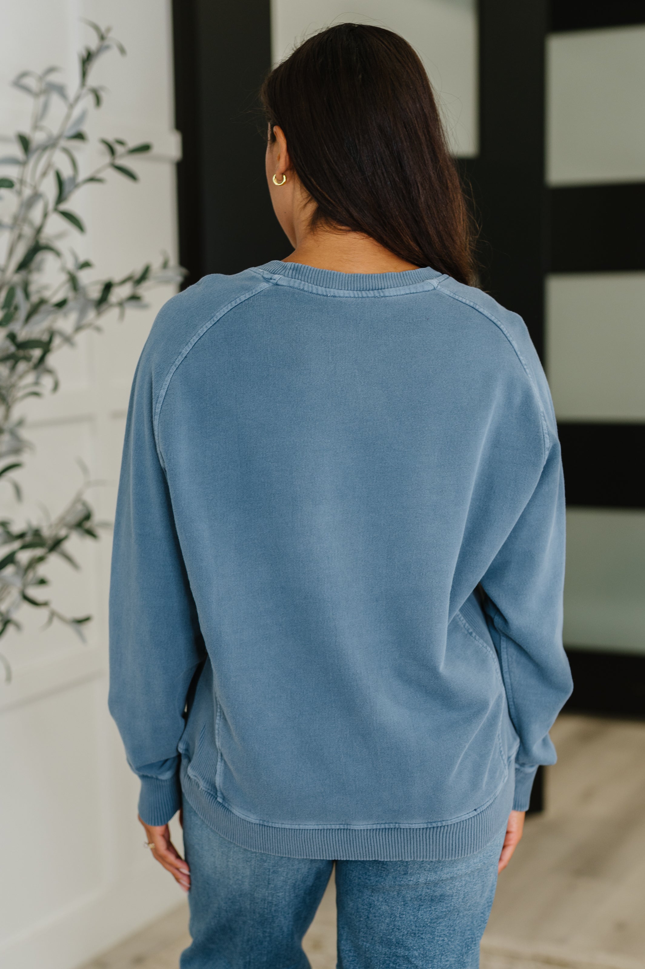 Zenana Daily Ease Mineral Wash Pullover in Dusty Blue Womens