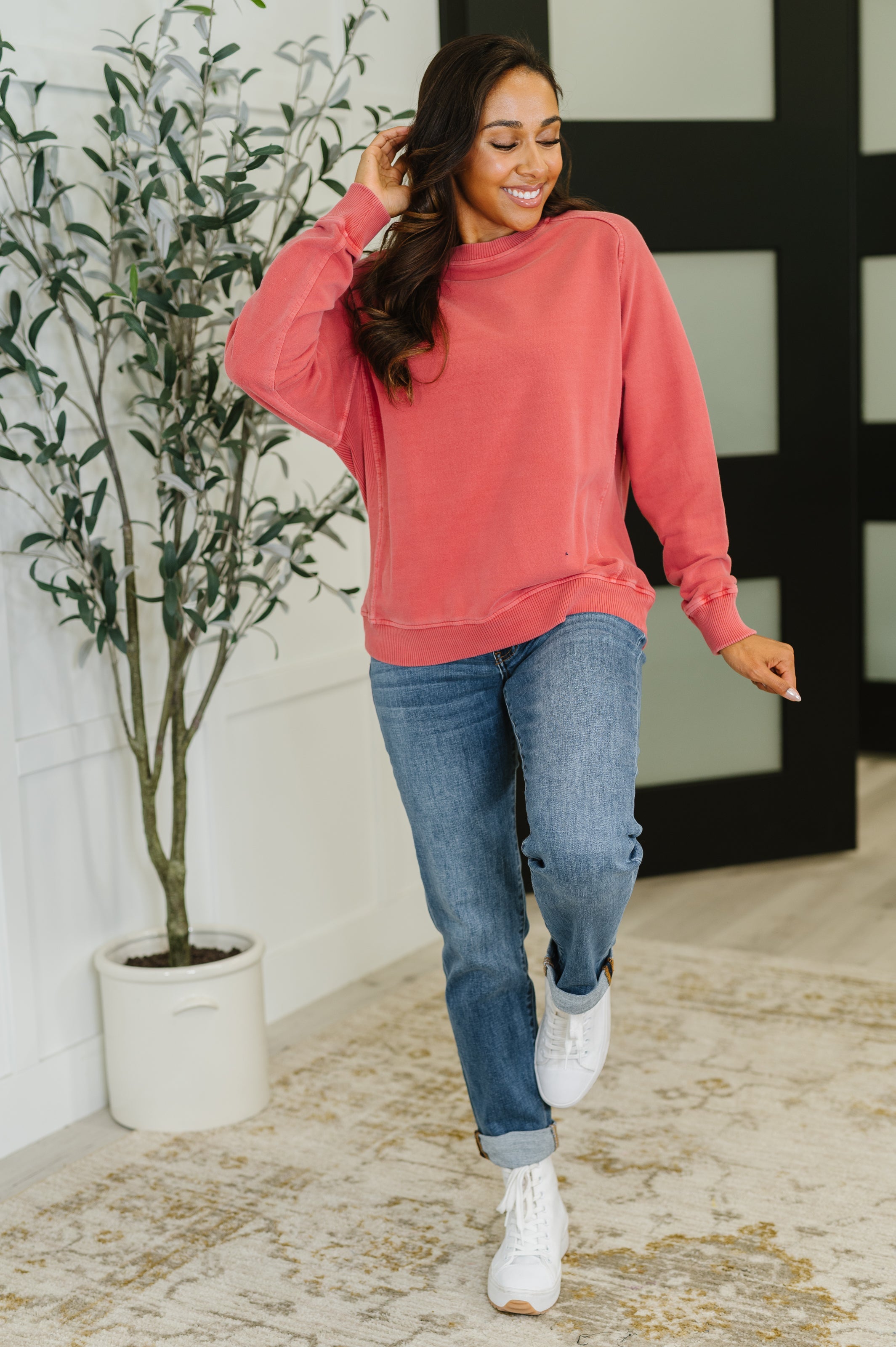 Zenana Daily Ease Mineral Wash Pullover in Ruby Womens