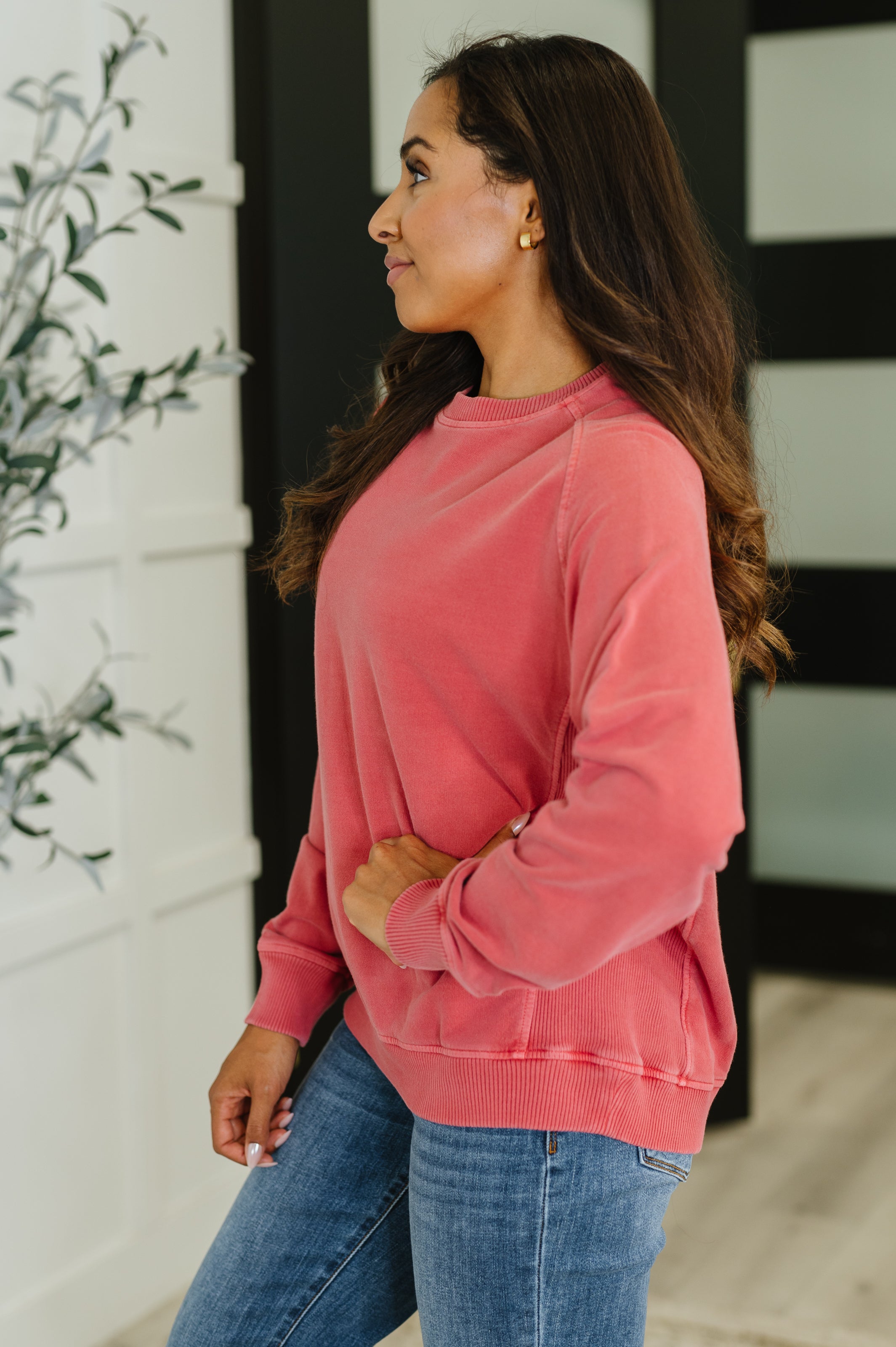 Zenana Daily Ease Mineral Wash Pullover in Ruby Womens