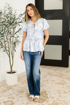 Haptics Dainty Lil' Thing Balloon Sleeve Blouse in Ivory/Blue Womens
