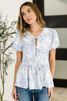 Haptics Dainty Lil' Thing Balloon Sleeve Blouse in Ivory/Blue Womens