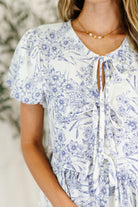 Haptics Dainty Lil' Thing Balloon Sleeve Blouse in Ivory/Blue Womens