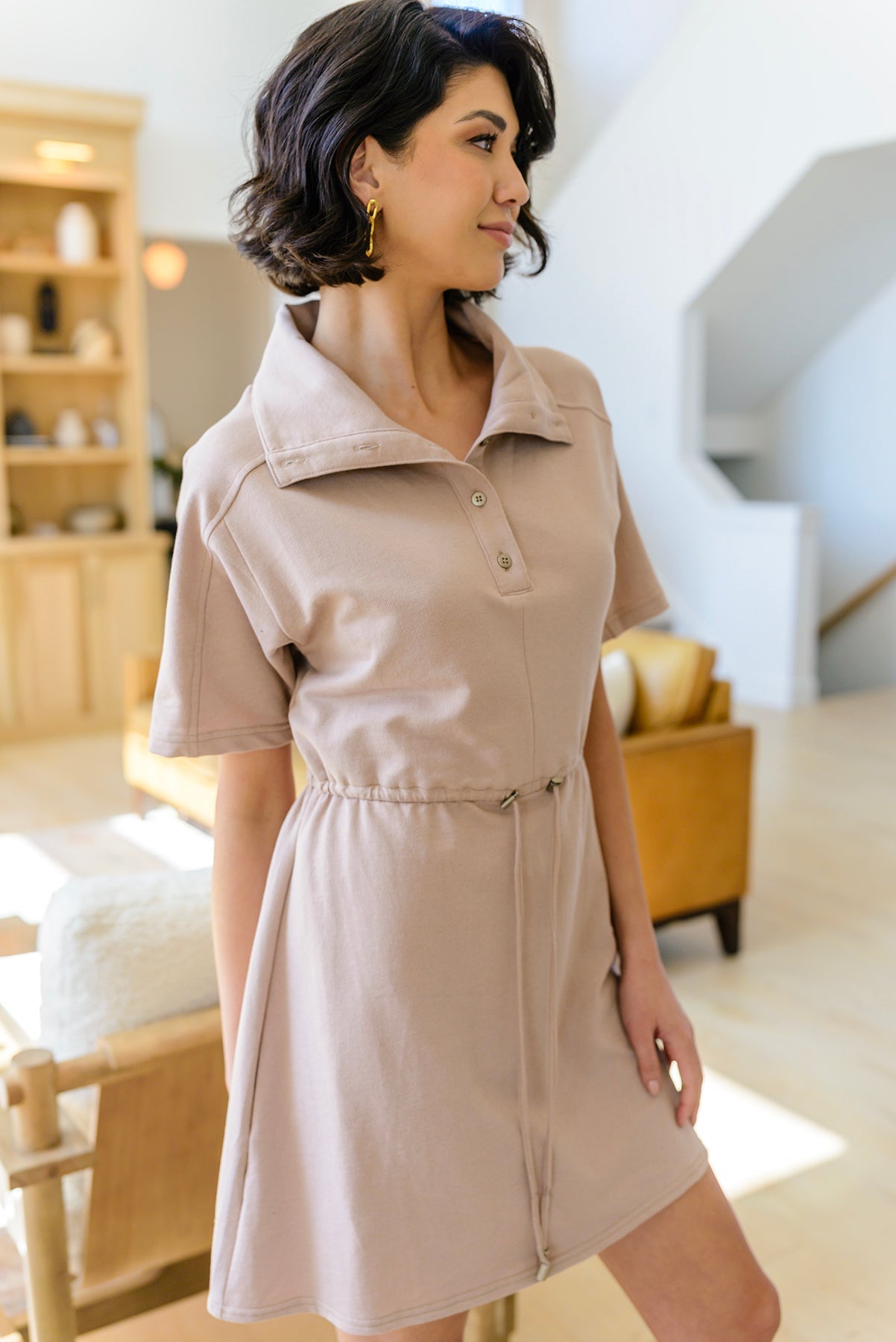 Very J Darla Button Up Collared Dress in Taupe Dresses