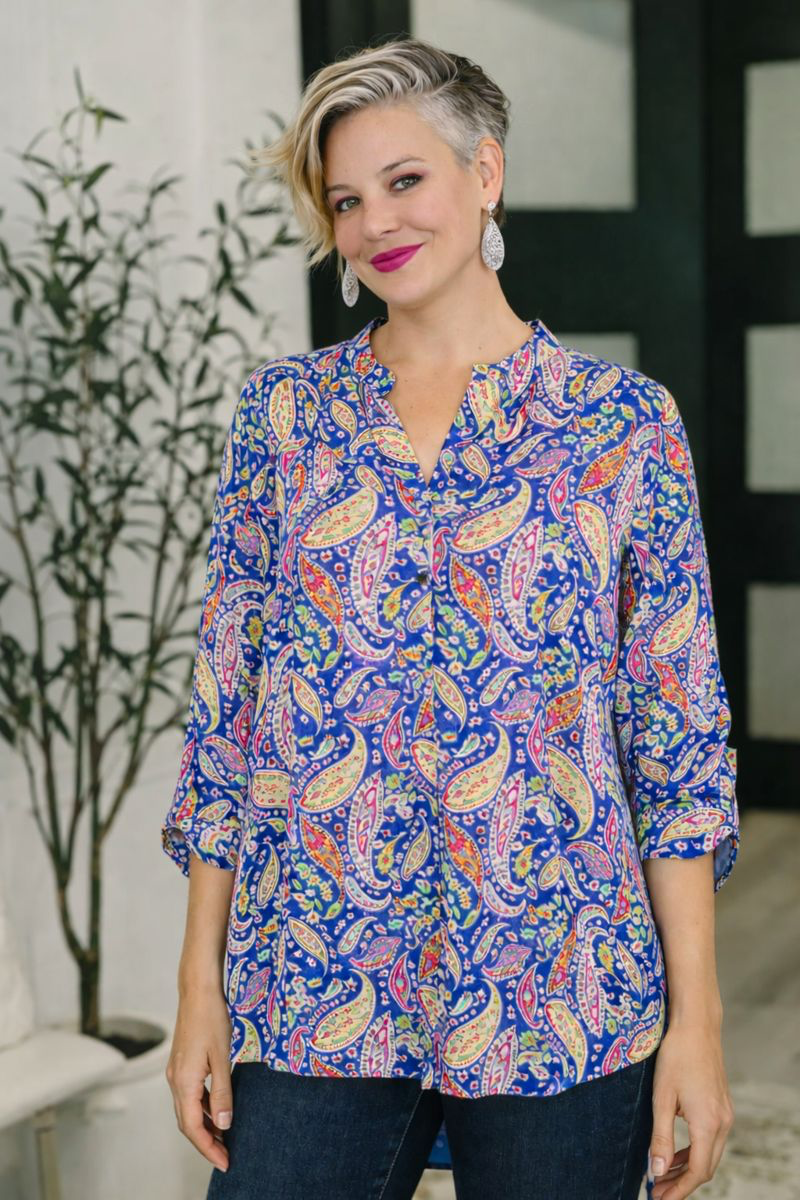 Dear Scarlett Lizzy Top in Royal Blue Paisley 3XL Womens