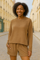 Zenana Deep Camel Raised Corded Rib Long Sleeve Tee and Shorts Set DEEP CAMEL